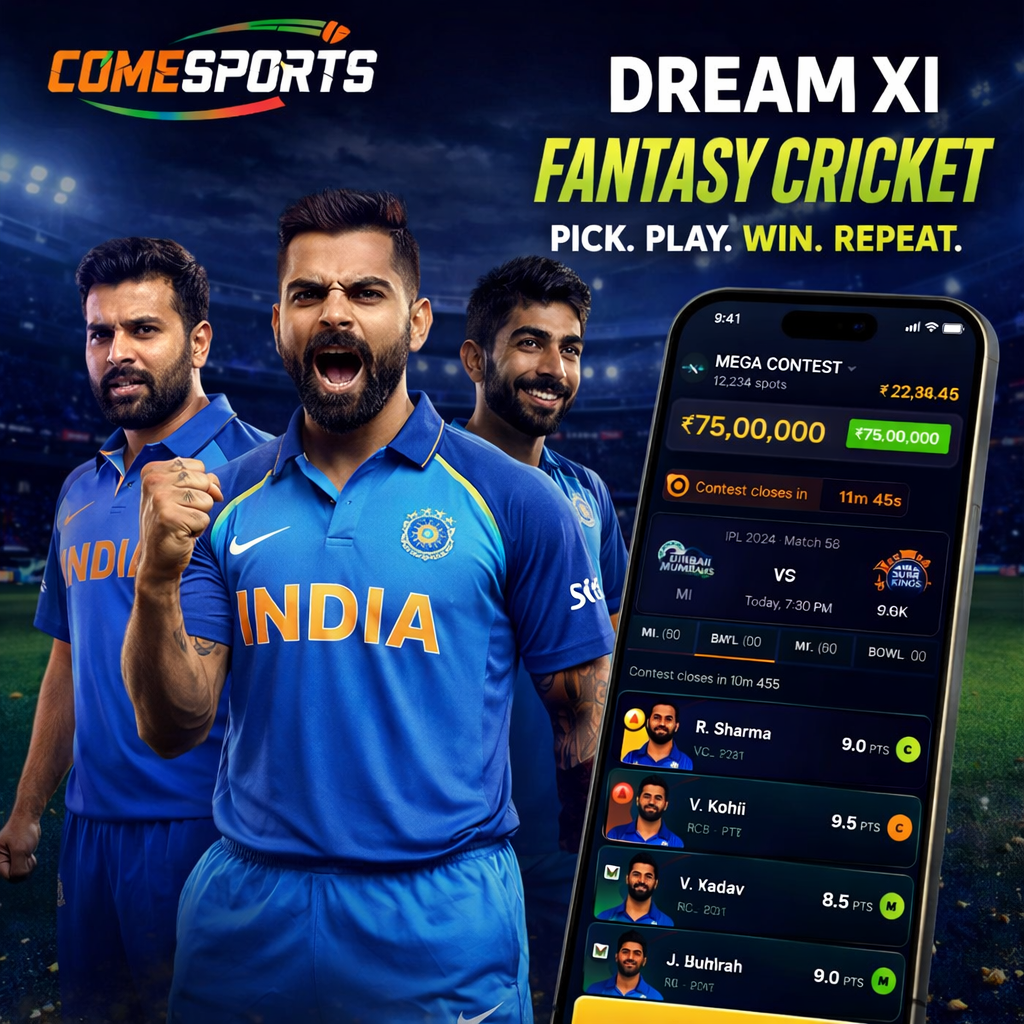 Come Play Team fantasy cricket and India team visual