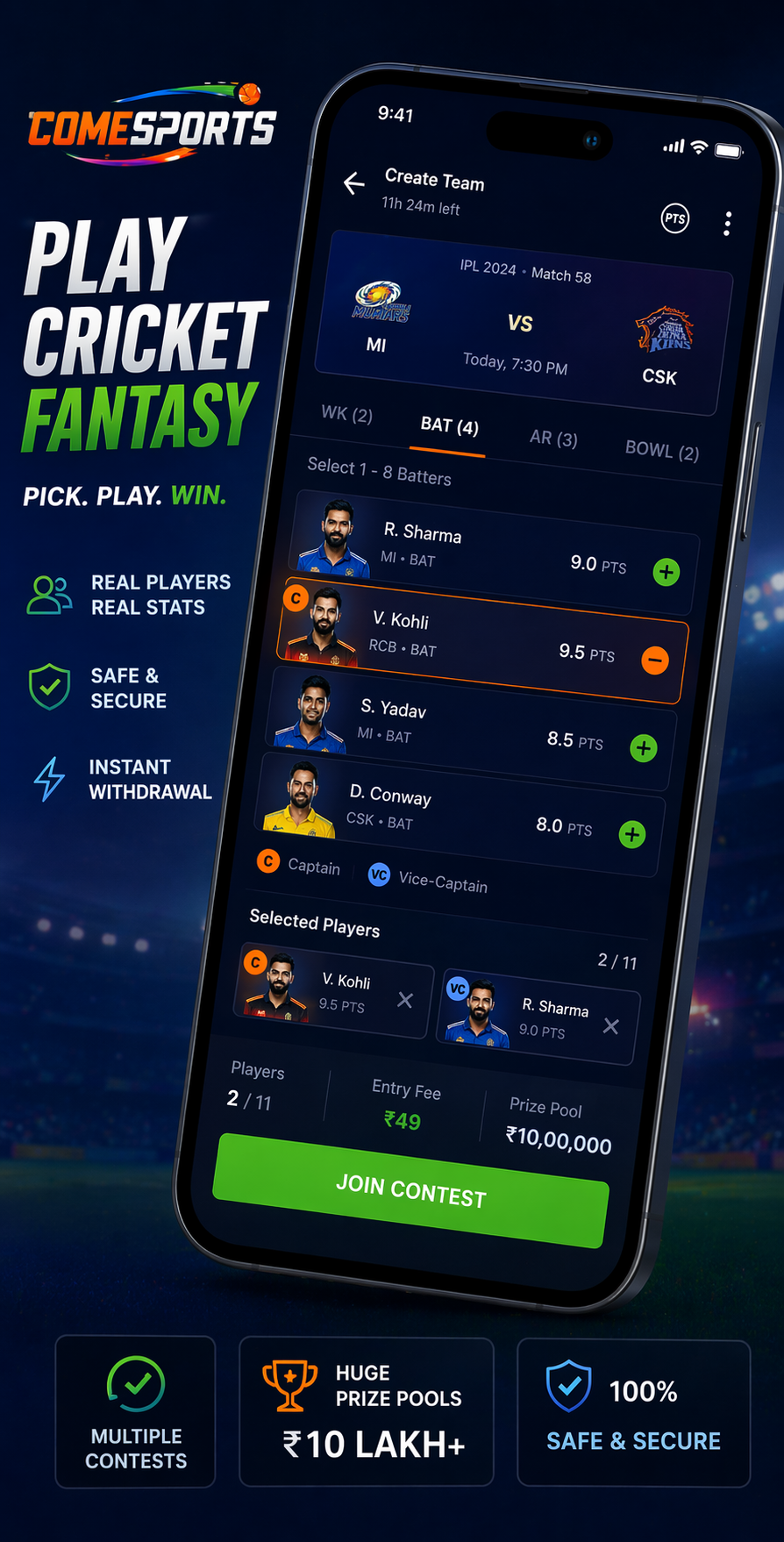 Come Play Team cricket fantasy visual